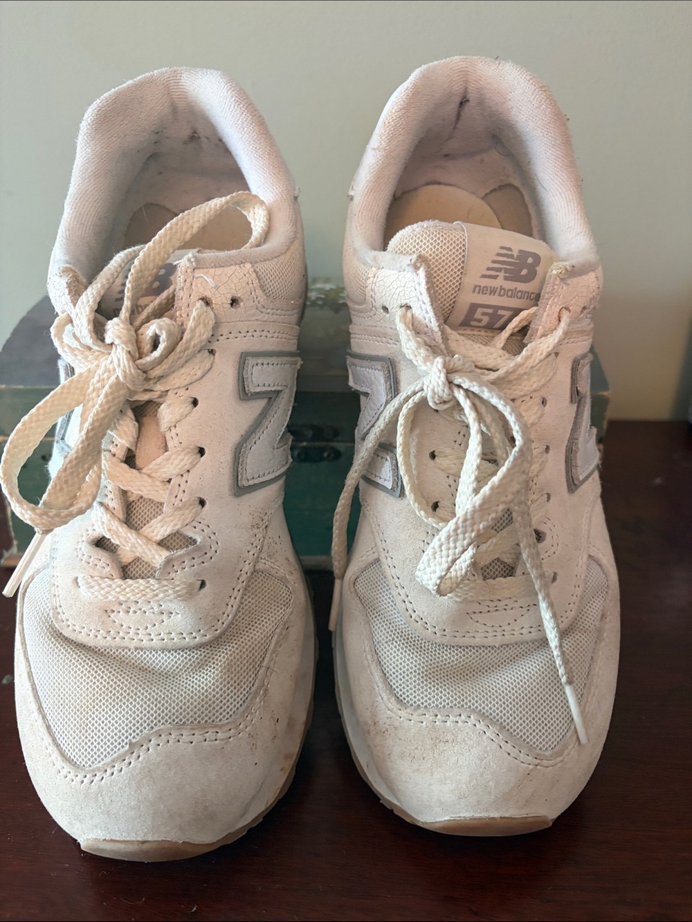 New Balance 574  Cream/Light Gray Tennis shoes ordered from Free People